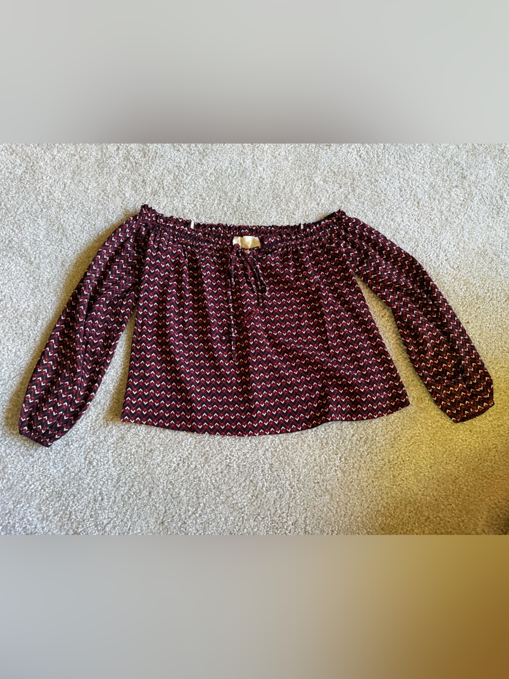 Off-Shoulder Long Sleeve Top in Burgundy Chevron Print